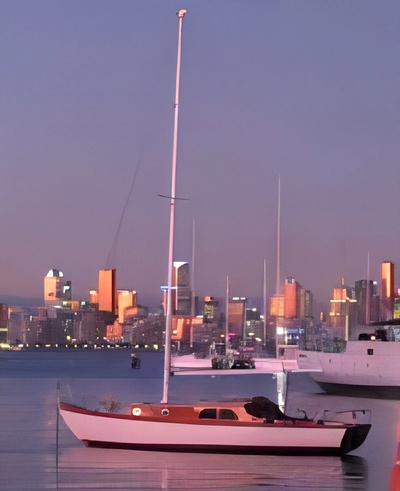 Astrud, at anchor. City of Melbourne in the background